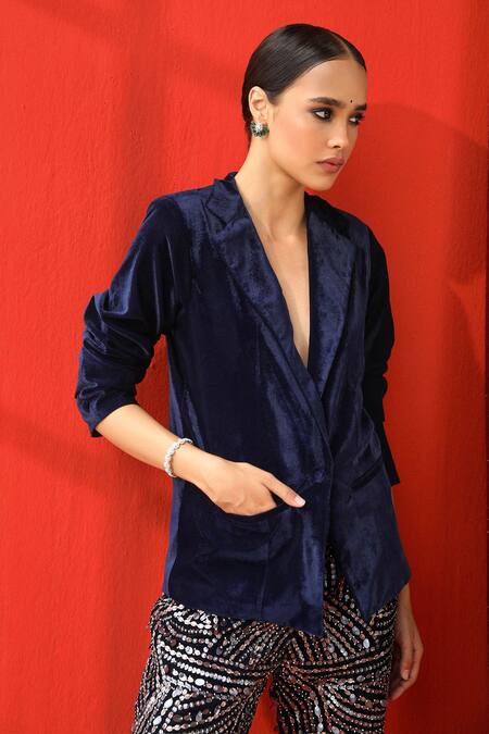 Shop Sabe Blue Velvet Embroidery Blazer And Pant Set Online at Aza Fashions Shop_Sabe_Blue Velvet Embroidery Blazer And Pant Set _Online_at_Aza_Fashions