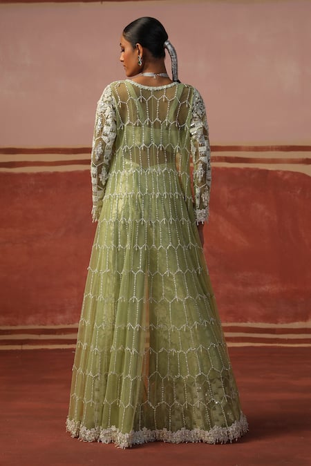 Shop Sabe Green Brocade, Net Sequins, Embroidery, Pearls Embellished Jacket Sharara Set at Aza Fashions Shop_Sabe_Green Brocade, Net Sequins, Embroidery, Pearls Embellished Jacket Sharara Set _at_Aza_Fashions