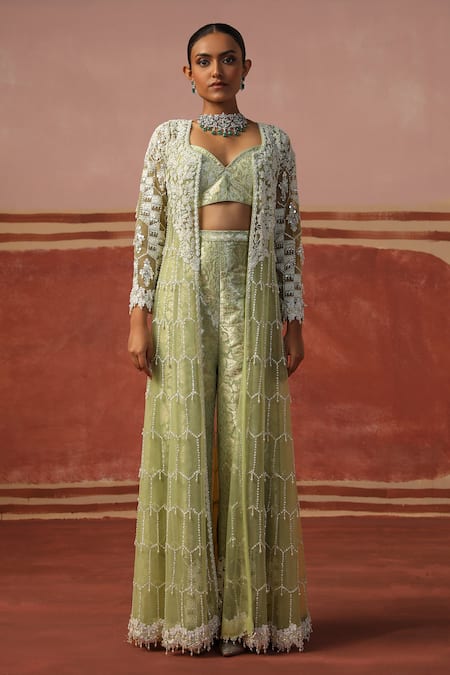 Sabe Green Brocade, Net Sequins, Embroidery, Pearls Embellished Jacket Sharara Set Online at Aza Fashions Sabe_Green Brocade, Net Sequins, Embroidery, Pearls Embellished Jacket Sharara Set _Online_at_Aza_Fashions