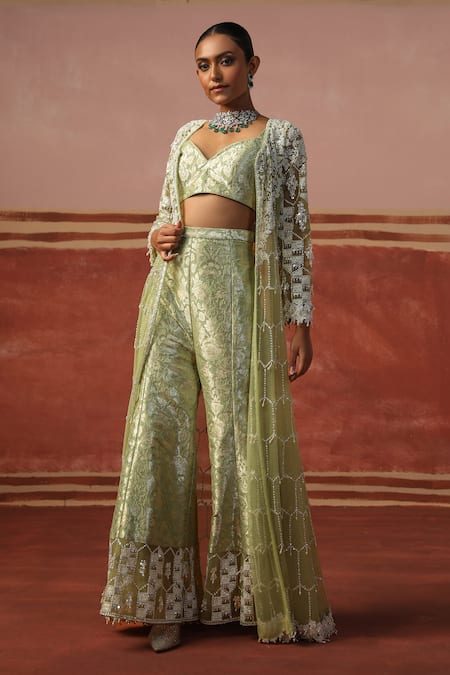 Buy Sabe Green Brocade, Net Sequins, Embroidery, Pearls Embellished Jacket Sharara Set Online at Aza Fashions Buy_Sabe_Green Brocade, Net Sequins, Embroidery, Pearls Embellished Jacket Sharara Set _Online_at_Aza_Fashions