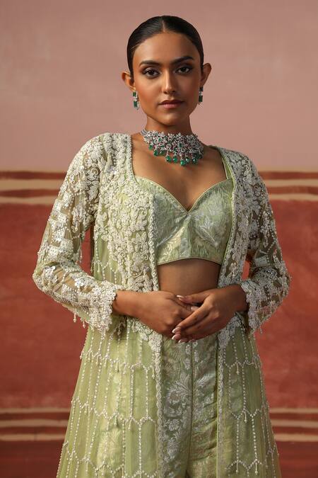 Shop Sabe Green Brocade, Net Sequins, Embroidery, Pearls Embellished Jacket Sharara Set Online at Aza Fashions Shop_Sabe_Green Brocade, Net Sequins, Embroidery, Pearls Embellished Jacket Sharara Set _Online_at_Aza_Fashions