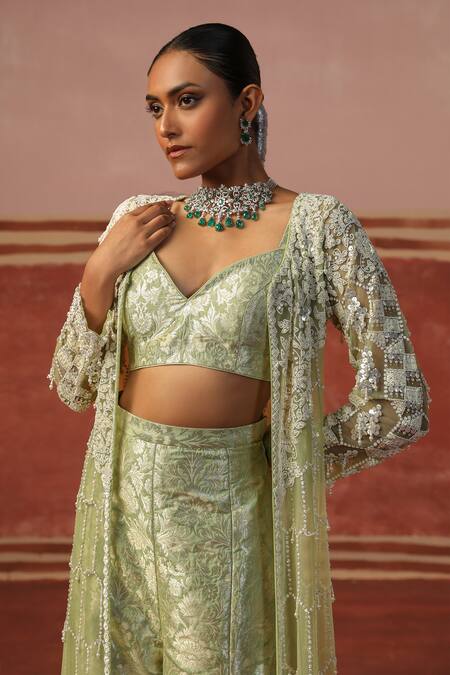 Sabe Green Brocade, Net Sequins, Embroidery, Pearls Embellished Jacket Sharara Set at Aza Fashions Sabe_Green Brocade, Net Sequins, Embroidery, Pearls Embellished Jacket Sharara Set _at_Aza_Fashions