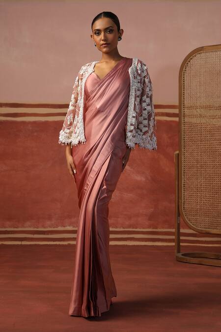 Sabe Pink Net, Satin Pearls, Sequins Sweetheart Embroidered Cape Pre-draped Saree Set Online at Aza Fashions Sabe_Pink Net, Satin Pearls, Sequins Sweetheart Embroidered Cape Pre-draped Saree Set _Online_at_Aza_Fashions