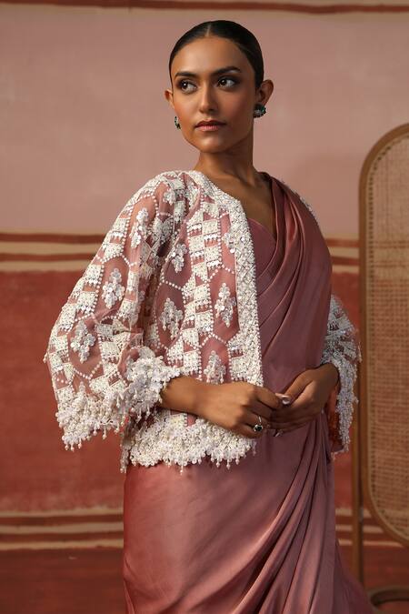 Shop Sabe Pink Net, Satin Pearls, Sequins Sweetheart Embroidered Cape Pre-draped Saree Set Online at Aza Fashions Shop_Sabe_Pink Net, Satin Pearls, Sequins Sweetheart Embroidered Cape Pre-draped Saree Set _Online_at_Aza_Fashions