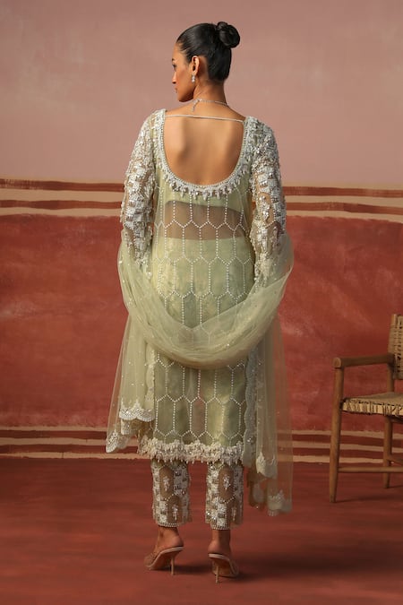 Shop Sabe Green Net, Brocade Pearls, Sequins Round Neck Embroidered Kurta Set at Aza Fashions Shop_Sabe_Green Net, Brocade Pearls, Sequins Round Neck Embroidered Kurta Set _at_Aza_Fashions
