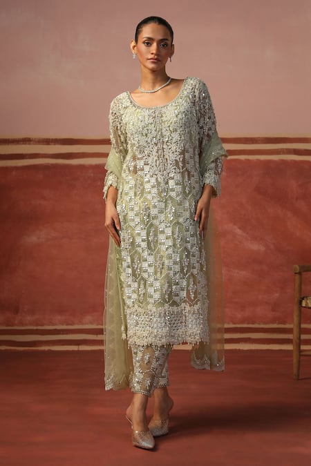 Sabe Green Net, Brocade Pearls, Sequins Round Neck Embroidered Kurta Set Online at Aza Fashions Sabe_Green Net, Brocade Pearls, Sequins Round Neck Embroidered Kurta Set _Online_at_Aza_Fashions