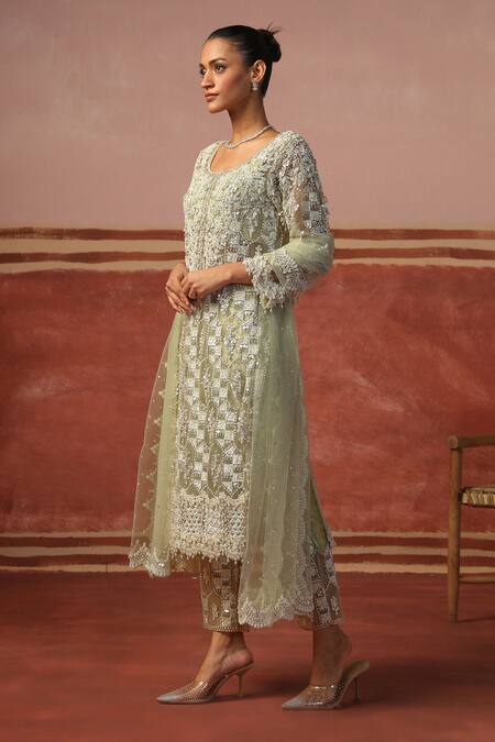 Buy Sabe Green Net, Brocade Pearls, Sequins Round Neck Embroidered Kurta Set Online at Aza Fashions Buy_Sabe_Green Net, Brocade Pearls, Sequins Round Neck Embroidered Kurta Set _Online_at_Aza_Fashions