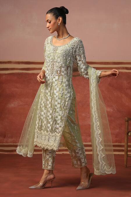 Shop Sabe Green Net, Brocade Pearls, Sequins Round Neck Embroidered Kurta Set Online at Aza Fashions Shop_Sabe_Green Net, Brocade Pearls, Sequins Round Neck Embroidered Kurta Set _Online_at_Aza_Fashions