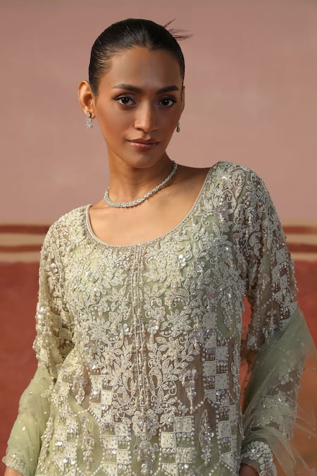 Sabe Green Net, Brocade Pearls, Sequins Round Neck Embroidered Kurta Set at Aza Fashions Sabe_Green Net, Brocade Pearls, Sequins Round Neck Embroidered Kurta Set _at_Aza_Fashions