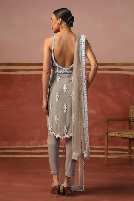 Shop Sabe Gray Net, Lycra Sequins, Pearls Scoop Neck Crystal Embroidered Grey Kurta Set at Aza Fashions Shop_Sabe_Gray Net, Lycra Sequins, Pearls Scoop Neck Crystal Embroidered Grey Kurta Set _at_Aza_Fashions