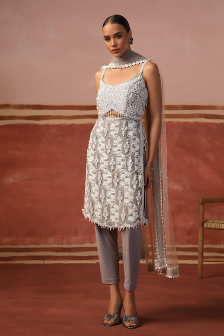 Sabe Gray Net, Lycra Sequins, Pearls Scoop Neck Crystal Embroidered Grey Kurta Set Online at Aza Fashions Sabe_Gray Net, Lycra Sequins, Pearls Scoop Neck Crystal Embroidered Grey Kurta Set _Online_at_Aza_Fashions
