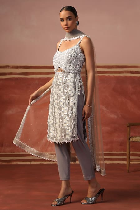 Buy Sabe Gray Net, Lycra Sequins, Pearls Scoop Neck Crystal Embroidered Grey Kurta Set Online at Aza Fashions Buy_Sabe_Gray Net, Lycra Sequins, Pearls Scoop Neck Crystal Embroidered Grey Kurta Set _Online_at_Aza_Fashions