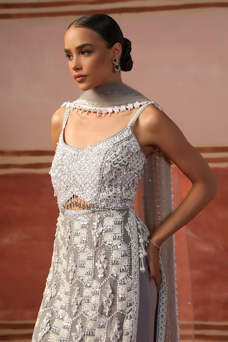 Sabe Gray Net, Lycra Sequins, Pearls Scoop Neck Crystal Embroidered Grey Kurta Set at Aza Fashions Sabe_Gray Net, Lycra Sequins, Pearls Scoop Neck Crystal Embroidered Grey Kurta Set _at_Aza_Fashions