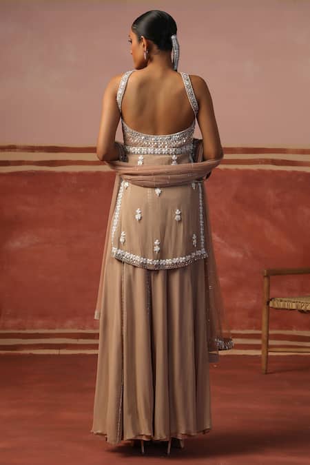 Shop Sabe Brown Net, Georgette Sequins, Beads, Dusty Mocha Embroidered Kurta Sharara Set at Aza Fashions Shop_Sabe_Brown Net, Georgette Sequins, Beads, Dusty Mocha Embroidered Kurta Sharara Set _at_Aza_Fashions