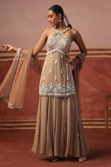 Sabe Brown Net, Georgette Sequins, Beads, Dusty Mocha Embroidered Kurta Sharara Set Online at Aza Fashions Sabe_Brown Net, Georgette Sequins, Beads, Dusty Mocha Embroidered Kurta Sharara Set _Online_at_Aza_Fashions