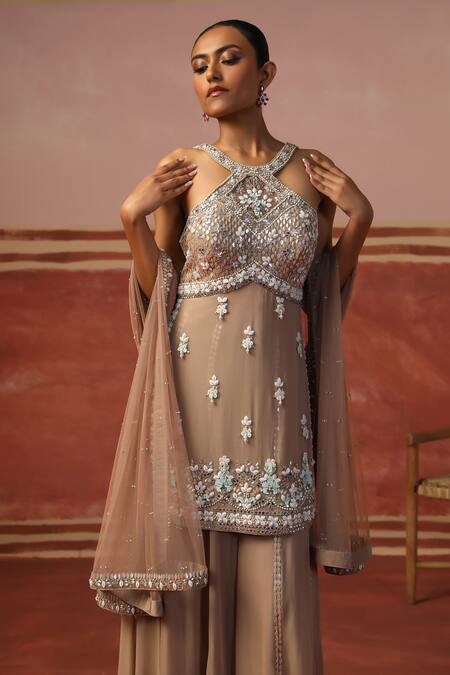Buy Sabe Brown Net, Georgette Sequins, Beads, Dusty Mocha Embroidered Kurta Sharara Set Online at Aza Fashions Buy_Sabe_Brown Net, Georgette Sequins, Beads, Dusty Mocha Embroidered Kurta Sharara Set _Online_at_Aza_Fashions