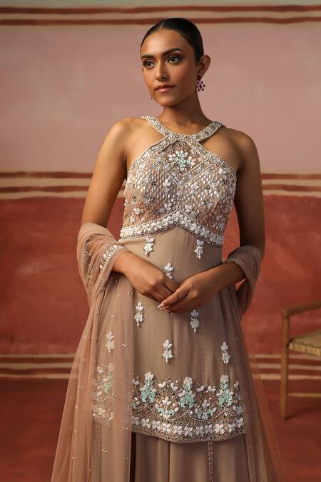 Shop Sabe Brown Net, Georgette Sequins, Beads, Dusty Mocha Embroidered Kurta Sharara Set Online at Aza Fashions Shop_Sabe_Brown Net, Georgette Sequins, Beads, Dusty Mocha Embroidered Kurta Sharara Set _Online_at_Aza_Fashions