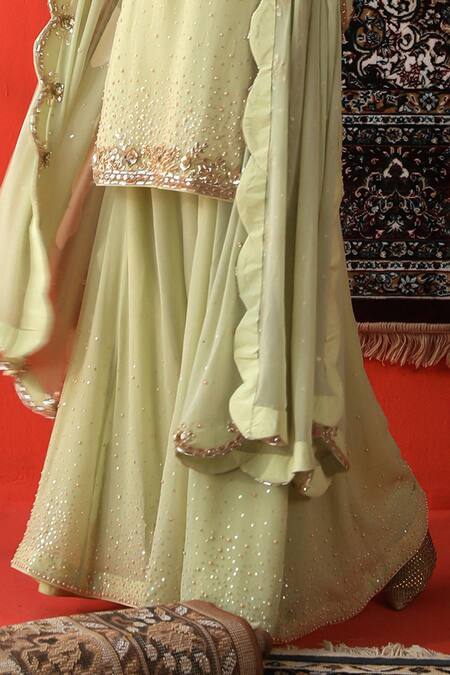 Sabe_Green Georgette Pearls, Sequins Round Neck Embroidered Sage Kurta Set _Online_at_Aza_Fashions