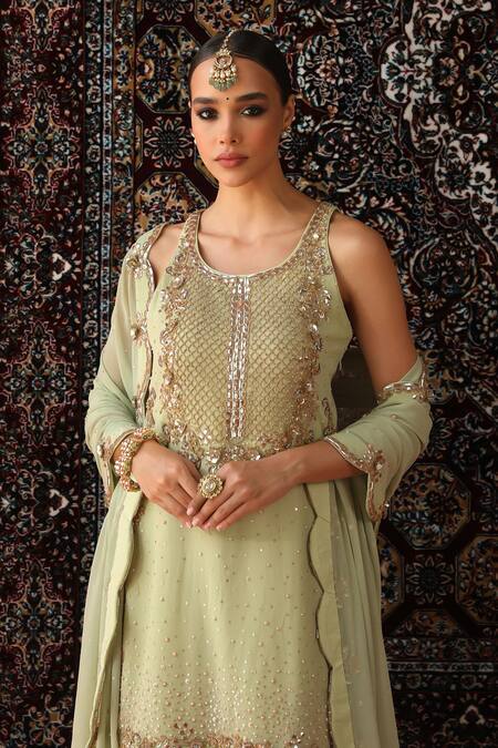 Buy_Sabe_Green Georgette Pearls, Sequins Round Neck Embroidered Sage Kurta Set _Online_at_Aza_Fashions