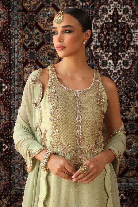 Shop_Sabe_Green Georgette Pearls, Sequins Round Neck Embroidered Sage Kurta Set _Online_at_Aza_Fashions