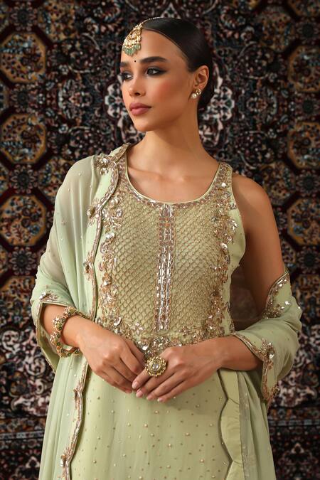 Sabe_Green Georgette Pearls, Sequins Round Neck Embroidered Sage Kurta Set _at_Aza_Fashions