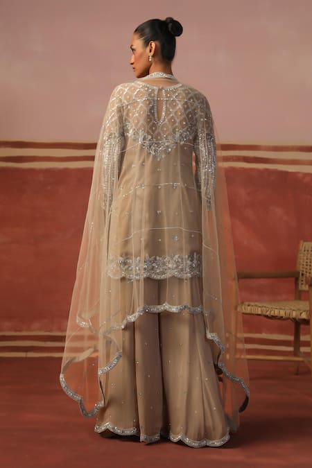 Shop Sabe Beige Net, Georgette Sequins, Beads Quatrefoil Embellished Kurta Sharara Set at Aza Fashions Shop_Sabe_Beige Net, Georgette Sequins, Beads Quatrefoil Embellished Kurta Sharara Set _at_Aza_Fashions