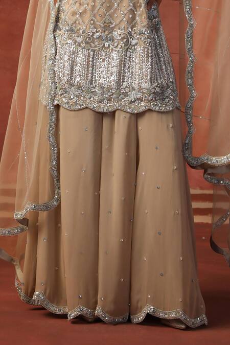 Sabe Beige Net, Georgette Sequins, Beads Quatrefoil Embellished Kurta Sharara Set Online at Aza Fashions Sabe_Beige Net, Georgette Sequins, Beads Quatrefoil Embellished Kurta Sharara Set _Online_at_Aza_Fashions