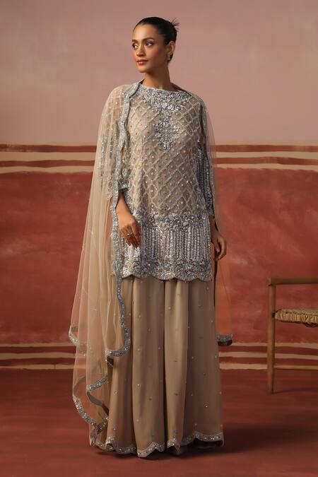 Buy Sabe Beige Net, Georgette Sequins, Beads Quatrefoil Embellished Kurta Sharara Set Online at Aza Fashions Buy_Sabe_Beige Net, Georgette Sequins, Beads Quatrefoil Embellished Kurta Sharara Set _Online_at_Aza_Fashions