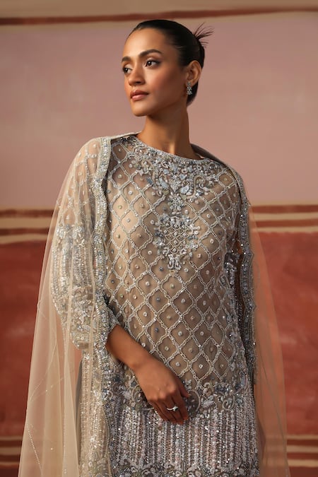 Shop Sabe Beige Net, Georgette Sequins, Beads Quatrefoil Embellished Kurta Sharara Set Shop_Sabe_Beige Net, Georgette Sequins, Beads Quatrefoil Embellished Kurta Sharara Set