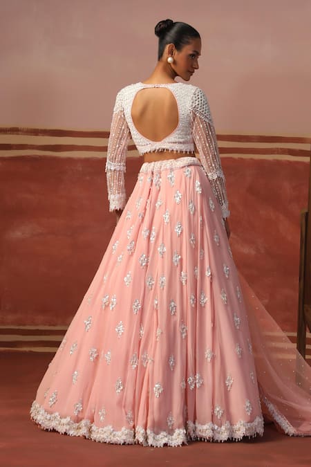 Shop Sabe Pink Net Pearls, Sequins Round Neck Butti Embellished Lehenga Set at Aza Fashions Shop_Sabe_Pink Net Pearls, Sequins Round Neck Butti Embellished Lehenga Set _at_Aza_Fashions