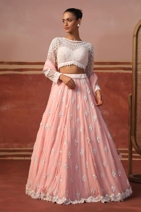 Sabe Pink Net Pearls, Sequins Round Neck Butti Embellished Lehenga Set Online at Aza Fashions Sabe_Pink Net Pearls, Sequins Round Neck Butti Embellished Lehenga Set _Online_at_Aza_Fashions