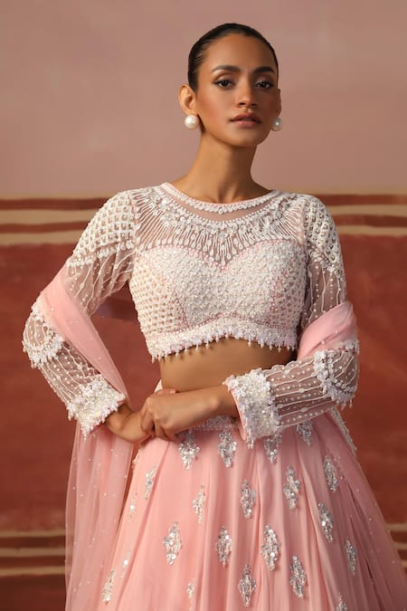 Buy Sabe Pink Net Pearls, Sequins Round Neck Butti Embellished Lehenga Set Online at Aza Fashions Buy_Sabe_Pink Net Pearls, Sequins Round Neck Butti Embellished Lehenga Set _Online_at_Aza_Fashions
