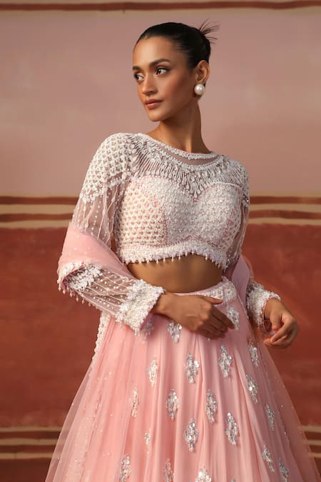 Shop Sabe Pink Net Pearls, Sequins Round Neck Butti Embellished Lehenga Set Online at Aza Fashions Shop_Sabe_Pink Net Pearls, Sequins Round Neck Butti Embellished Lehenga Set _Online_at_Aza_Fashions