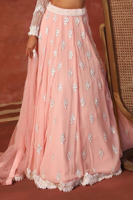 Buy Sabe Pink Net Pearls, Sequins Round Neck Butti Embellished Lehenga Set Buy_Sabe_Pink Net Pearls, Sequins Round Neck Butti Embellished Lehenga Set