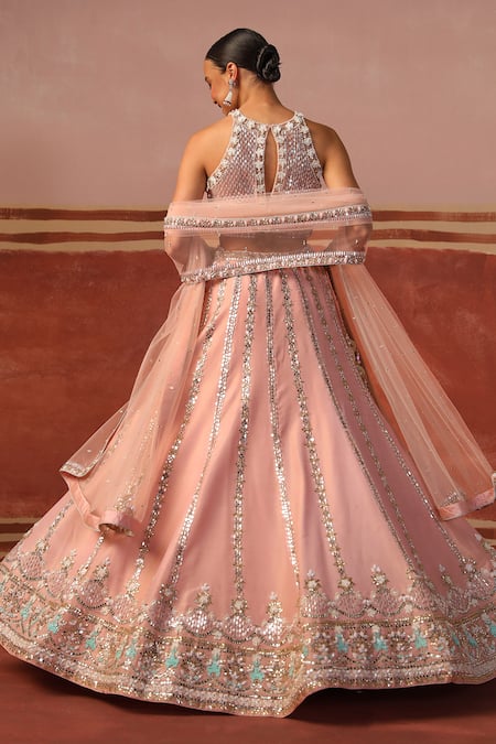 Shop Sabe Pink Georgette Sequins, Beads Halter Neck Floral Mirror Embroidered Lehenga Set at Aza Fashions Shop_Sabe_Pink Georgette Sequins, Beads Halter Neck Floral Mirror Embroidered Lehenga Set _at_Aza_Fashions