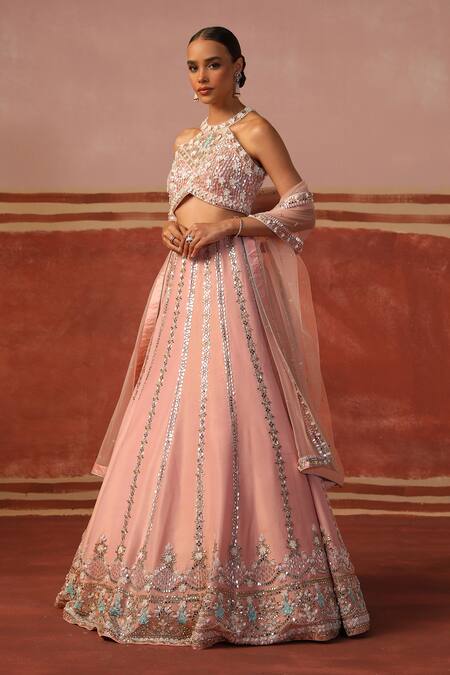 Buy Sabe Pink Georgette Sequins, Beads Halter Neck Floral Mirror Embroidered Lehenga Set Online at Aza Fashions Buy_Sabe_Pink Georgette Sequins, Beads Halter Neck Floral Mirror Embroidered Lehenga Set _Online_at_Aza_Fashions