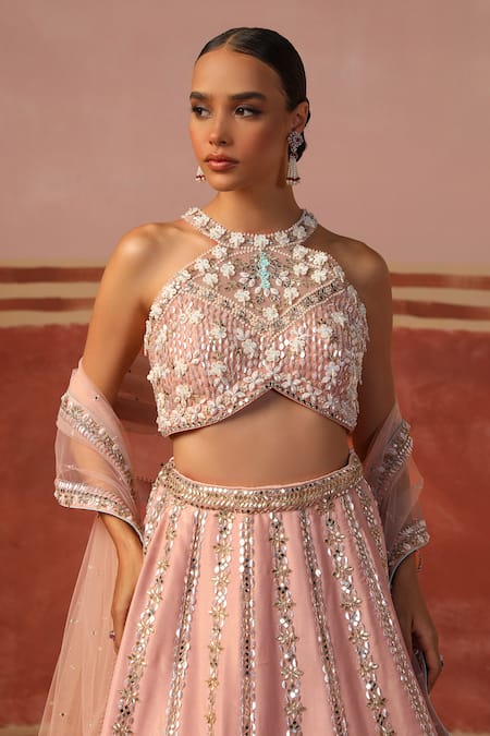 Sabe Pink Georgette Sequins, Beads Halter Neck Floral Mirror Embroidered Lehenga Set at Aza Fashions Sabe_Pink Georgette Sequins, Beads Halter Neck Floral Mirror Embroidered Lehenga Set _at_Aza_Fashions