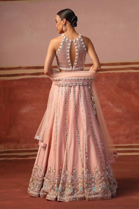 Buy Sabe Pink Georgette Sequins, Beads Halter Neck Floral Mirror Embroidered Lehenga Set Buy_Sabe_Pink Georgette Sequins, Beads Halter Neck Floral Mirror Embroidered Lehenga Set