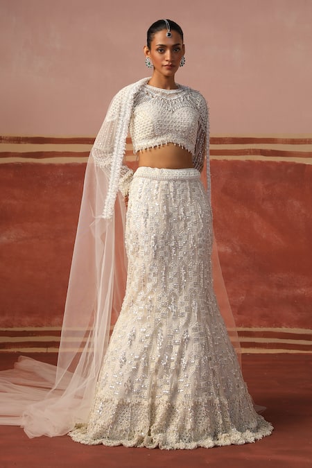 Sabe 3D Pearl Embroidered Fish Cut Lehenga Set 