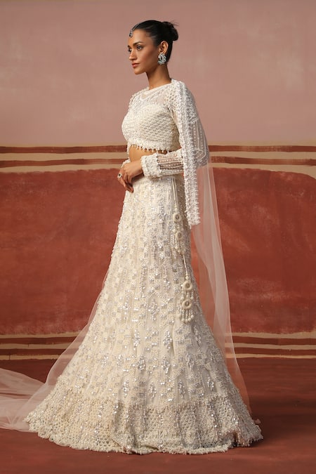 Sabe Ivory Net Pearls, Sequins Round Neck 3d Embroidered Bridal Lehenga Set at Aza Fashions Sabe_Ivory Net Pearls, Sequins Round Neck 3d Embroidered Bridal Lehenga Set _at_Aza_Fashions