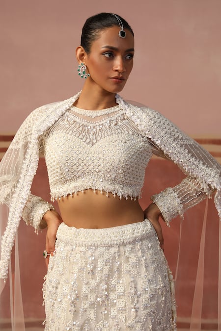 Buy Sabe Ivory Net Pearls, Sequins Round Neck 3d Embroidered Bridal Lehenga Set Buy_Sabe_Ivory Net Pearls, Sequins Round Neck 3d Embroidered Bridal Lehenga Set