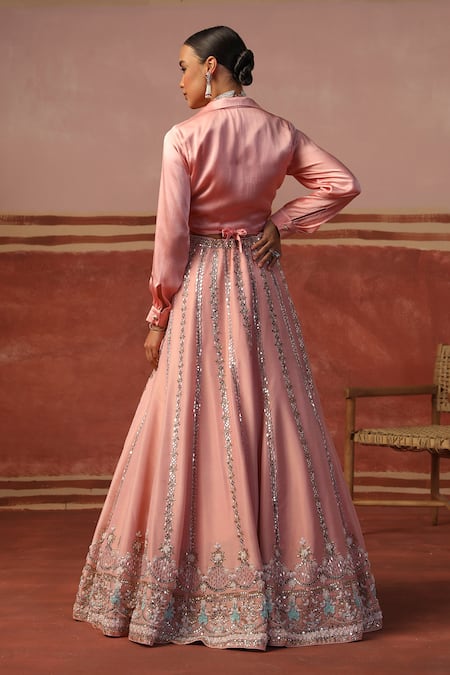 Shop Sabe Pink Tissue, Satin Beads, Sequins, Embroidery Floral Mirror Lehenga Set at Aza Fashions Shop_Sabe_Pink Tissue, Satin Beads, Sequins, Embroidery Floral Mirror Lehenga Set _at_Aza_Fashions