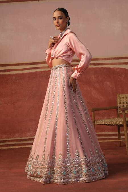 Buy Sabe Pink Tissue, Satin Beads, Sequins, Embroidery Floral Mirror Lehenga Set Online at Aza Fashions Buy_Sabe_Pink Tissue, Satin Beads, Sequins, Embroidery Floral Mirror Lehenga Set _Online_at_Aza_Fashions