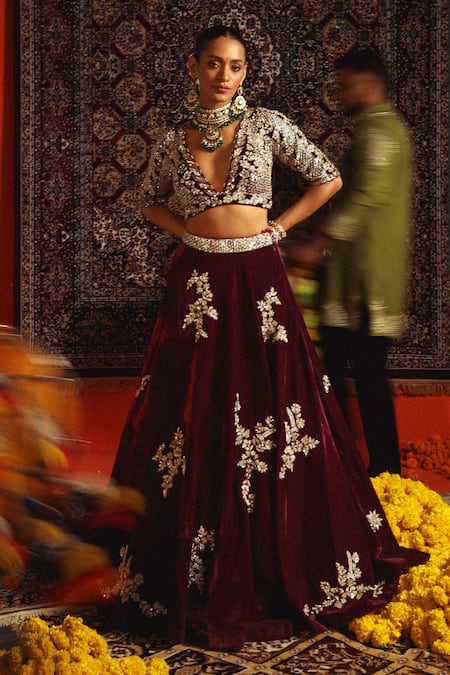 Shop Sabe Maroon Velvet Sequins, Embroidery Plunge Neck Floral Zardozi Lehenga Set at Aza Fashions Shop_Sabe_Maroon Velvet Sequins, Embroidery Plunge Neck Floral Zardozi Lehenga Set _at_Aza_Fashions