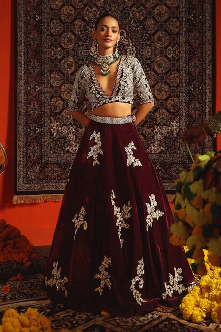 Buy Sabe Maroon Velvet Sequins, Embroidery Plunge Neck Floral Zardozi Lehenga Set Online at Aza Fashions Buy_Sabe_Maroon Velvet Sequins, Embroidery Plunge Neck Floral Zardozi Lehenga Set _Online_at_Aza_Fashions