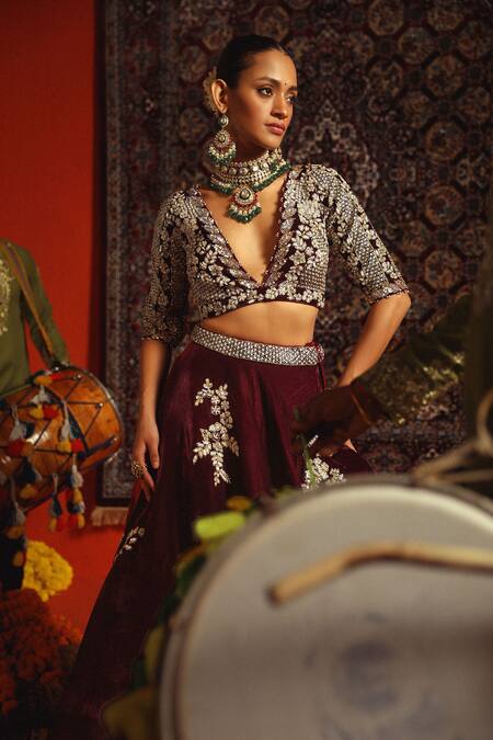 Shop Sabe Maroon Velvet Sequins, Embroidery Plunge Neck Floral Zardozi Lehenga Set Online at Aza Fashions Shop_Sabe_Maroon Velvet Sequins, Embroidery Plunge Neck Floral Zardozi Lehenga Set _Online_at_Aza_Fashions