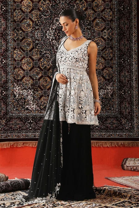 Sabe_Black Net, Velvet Sequins, Pearls V-neck Floral Embroidered Kurta Gharara Set _Online_at_Aza_Fashions