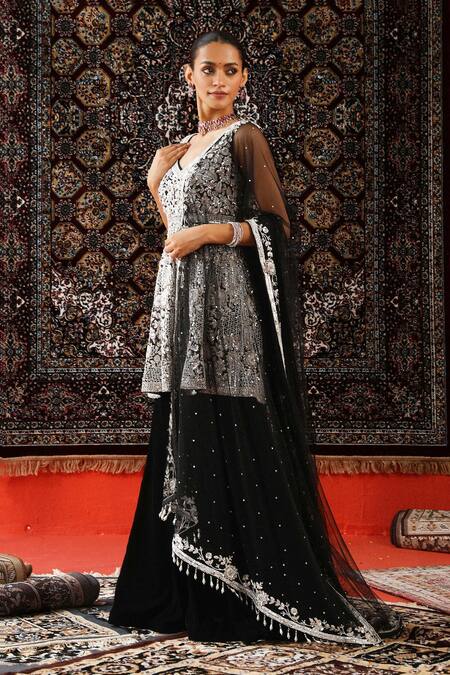 Shop_Sabe_Black Net, Velvet Sequins, Pearls V-neck Floral Embroidered Kurta Gharara Set _Online_at_Aza_Fashions