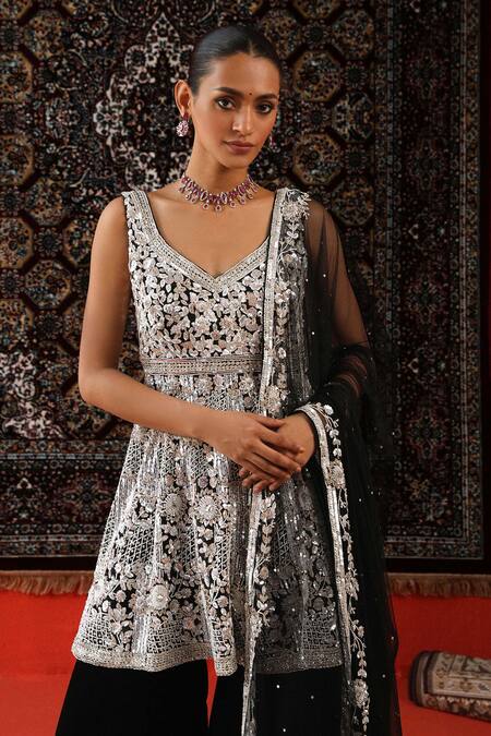Sabe_Black Net, Velvet Sequins, Pearls V-neck Floral Embroidered Kurta Gharara Set _at_Aza_Fashions
