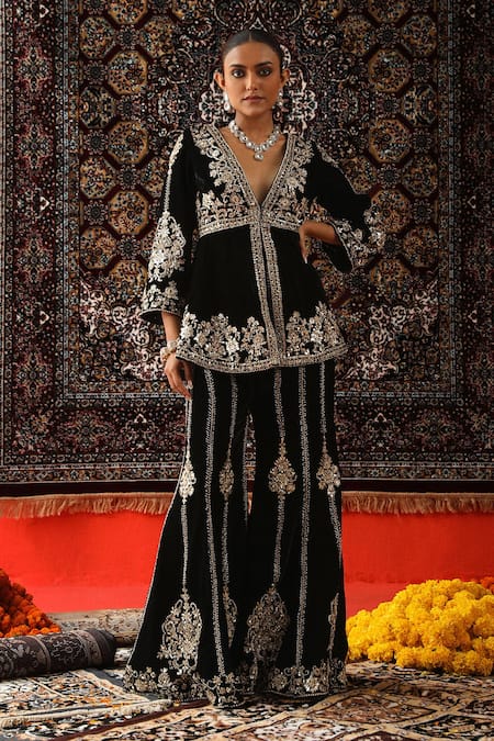 Sabe Floral Embroidered Peplum Kurta With Sharara 